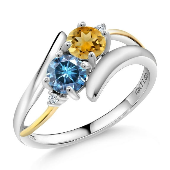 Gem Stone King 925 Silver and 10K Yellow Gold Ring Round Yellow Citrine and Vivid Persian Blue Moissanite (1.25 Cttw, Size 6)