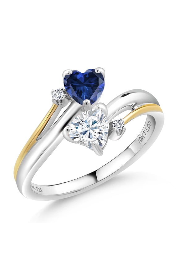 925 Silver and 10K Yellow Gold Ring Heart Shape Blue Created Sapphire and Moissanite (0.94 Cttw, Size 7)