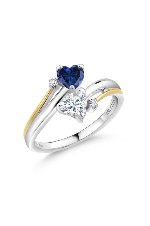 925 Silver and 10K Yellow Gold Ring Heart Shape Blue Created Sapphire and Moissanite (0.94 Cttw, Size 9)