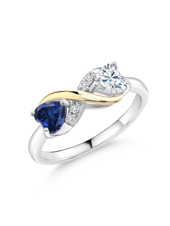 925 Silver and 10K Yellow Gold Ring Heart Shape Blue Created Sapphire and Moissanite (0.96 Cttw)
