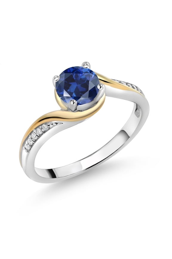 925 Silver and 10K Yellow Gold Ring Round Blue Created Sapphire and Moissanite | 1.05 Cttw | Gemstone Birthstone (Size 6)