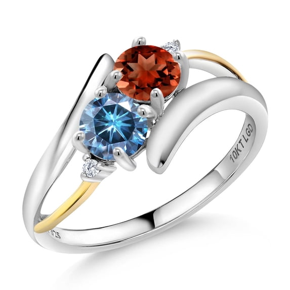 Gem Stone King 925 Silver and 10K Yellow Gold Ring Round Red Garnet and Vivid Persian Blue Moissanite (1.52 Cttw, Size 8)