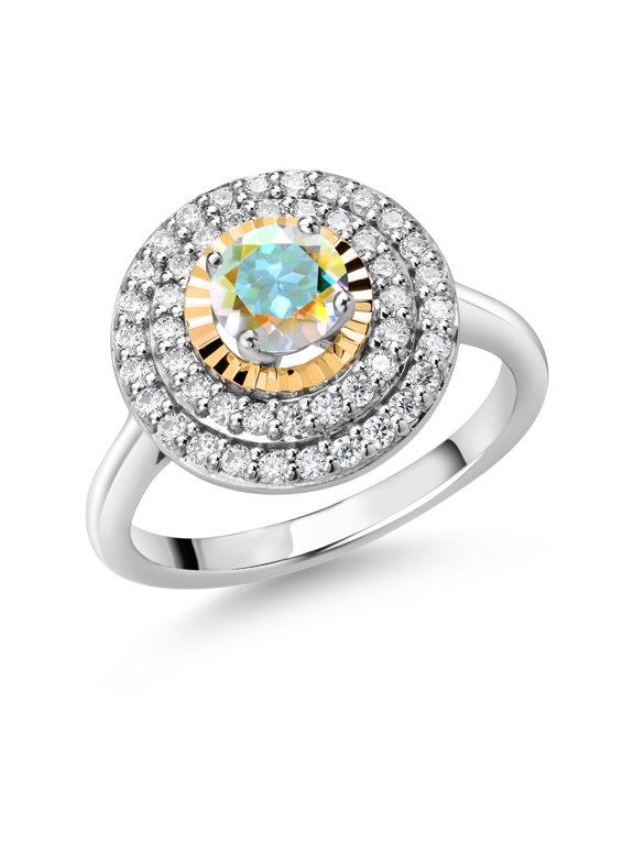 925 Silver and 10K Yellow Gold Ring Round Mercury Mist Mystic Topaz and Moissanite (0.92 Cttw, Size 7)