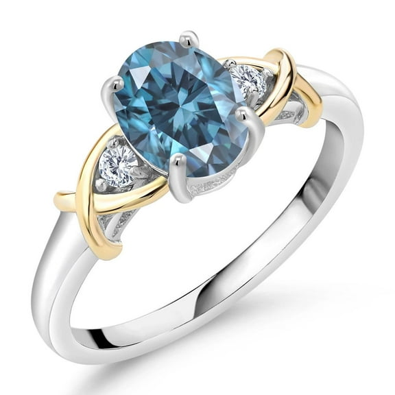 Gem Stone King 1.46 Cttw Persian Blue Moissanite and Lab Grown Diamond Ring for Women | 2 Tone 10K Yellow Gold and 925 Sterling Silver | Oval 8X6MM | Wedding Engagement Anniversary Ring | Size 7
