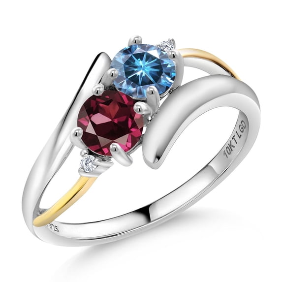 Gem Stone King 925 Silver and 10K Yellow Gold Ring Round Persian Blue Moissanite and Rhodolite Garnet Red (1.12 Cttw, Size 5)