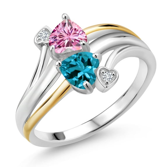 Gem Stone King 925 Silver and 10K Yellow Gold Ring Heart Shape Pink Moissanite and Topaz London Blue (1.07 Cttw, Size 6)