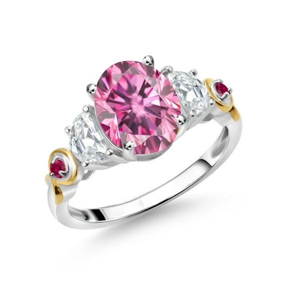 Gem Stone King 925 Silver and 10K Yellow Gold 3-Stone Ring Oval Pink and White Moissanite (2.50 Cttw, Size 9)