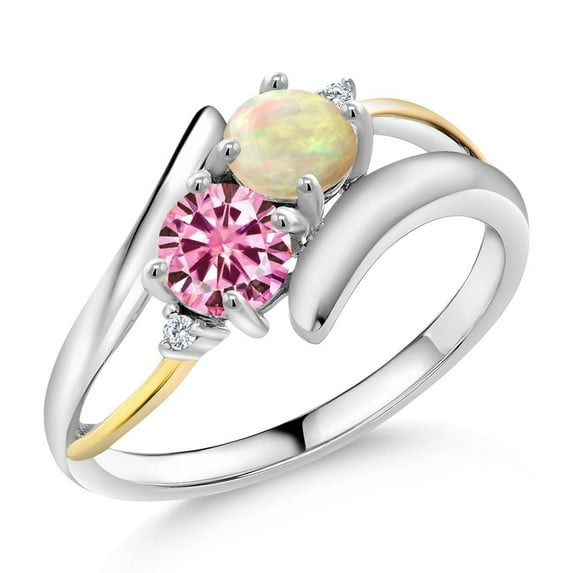Gem Stone King 925 Silver and 10K Yellow Gold Ring Round/Cabochon White Ethiopian Opal and Pink Moissanite (0.82 Cttw, Size 8)