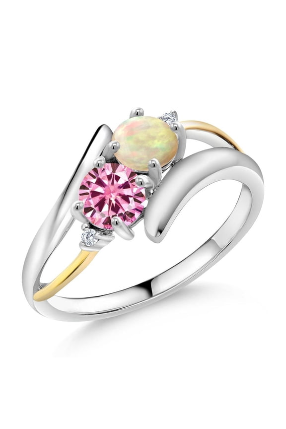 925 Silver and 10K Yellow Gold Ring Round/Cabochon White Ethiopian Opal and Pink Moissanite (0.82 Cttw, Size 7)