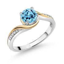 Gem Stone King 925 Silver and 10K Yellow Gold Ring Round Swiss Blue Topaz and Moissanite (1.05 Cttw, Size 9)