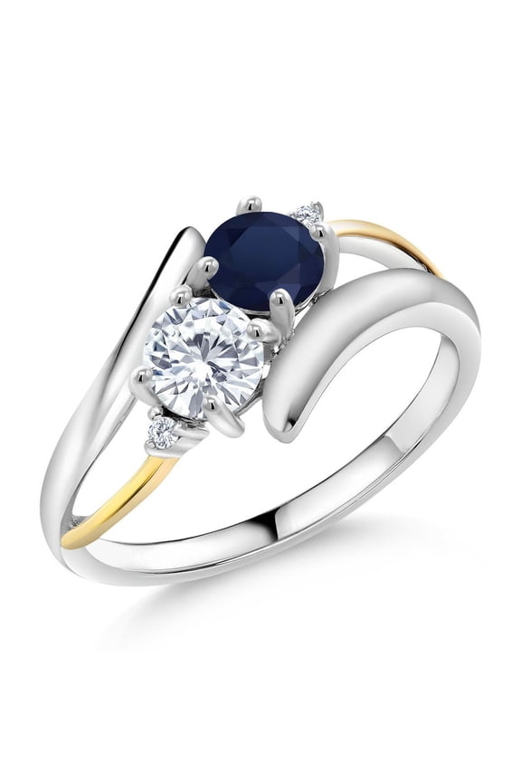 925 Silver and 10K Yellow Gold Round Blue Sapphire and Moissanite (1.12 Cttw, Gemstone Birthstone, Size 6)
