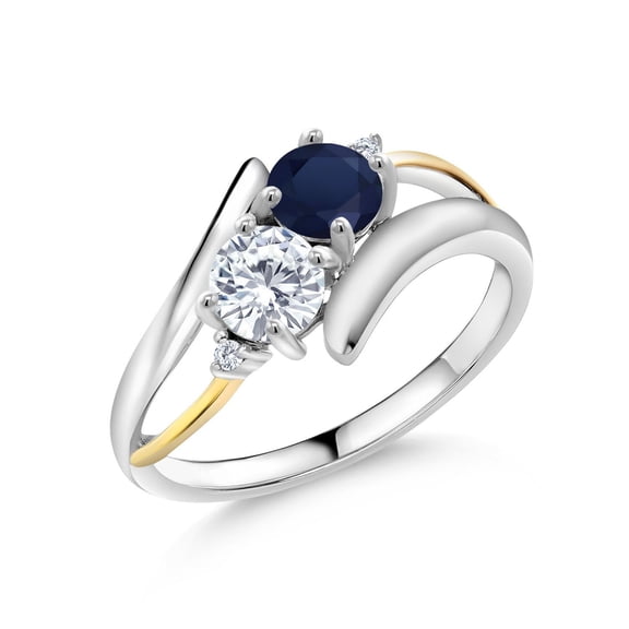 Gem Stone King 925 Silver and 10K Yellow Gold Round Blue Sapphire and Moissanite (1.12 Cttw, Gemstone Birthstone, Size 7)