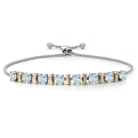 Gem Stone King 925 Silver and 10K Yellow Gold Sky Blue Aquamarine Bracelet for Women | 2.00 Cttw | Gemstone March Birthstone | Round 4MM | Adjustable up to 9 inch