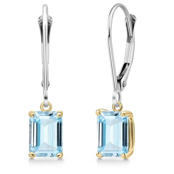 Gem Stone King 925 Silver and 10K Yellow Gold Sky Blue Aquamarine Dangle Earrings for Women | 1.60 Cttw | Gemstone March Birthstone | Octagon 7X5MM