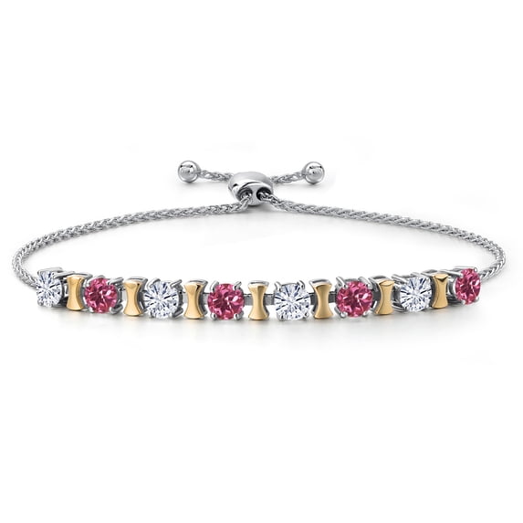 Gem Stone King 925 Silver and 10K Yellow Gold White Moissanite and Pink Tourmaline Bracelet for Women | 1.92 Cttw | Gemstone Birthstone | Round 4MM | Adjustable up to 9 inch