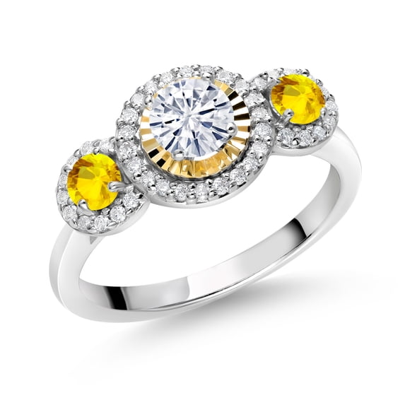 Gem Stone King 925 Silver and 10K Yellow Gold Yellow Sapphire Lab Grown Diamond 3 Stone Women Engagement Ring Set with Moissanite (0.81 Cttw, Size 6)