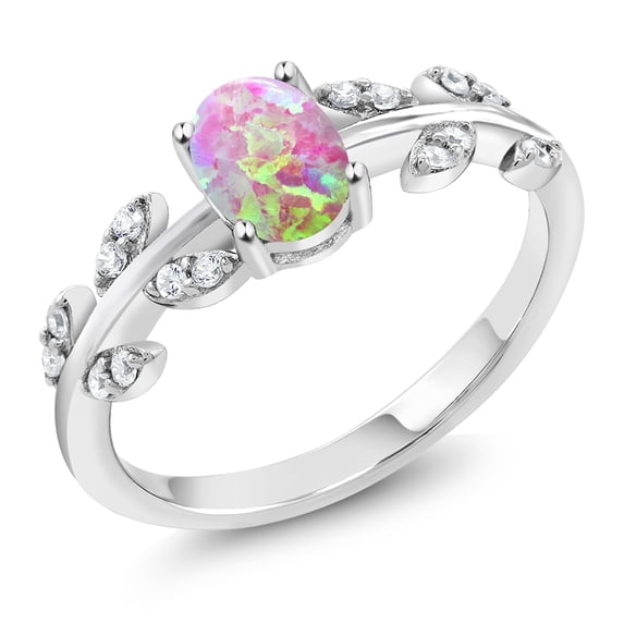 Gem Stone King 925 Sterling Silver 0.84Ct Oval Cabochon Pink Simulated Opal Greek Olive Vine Branch Engagement Ring