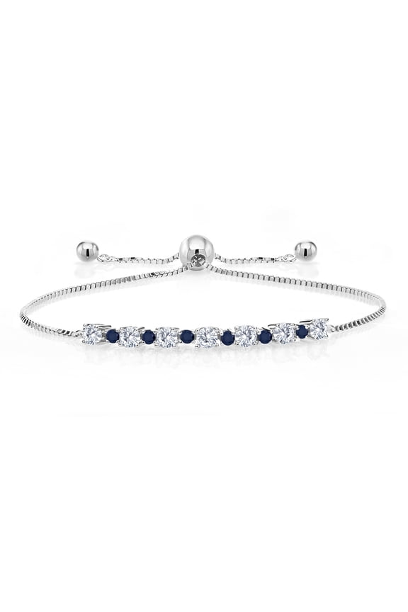 0.88 Cttw Blue Sapphire and White Moissanite Tennis Bracelet for Women | 925 Sterling Silver | Round 1.7MM and 3MM | Adjustable Bolo Bracelet for Women | Easy-On Easy-Off