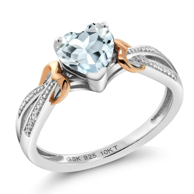 Gem Stone King 925 Sterling Silver and 10K Rose Gold Aquamarine and Accent Diamond Ring for Women (0.68 Cttw, Heart Shape 6MM, Gemstone Birthstone, Available in Size 5, 6, 7, 8, 9)