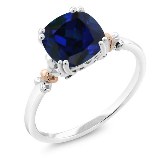 Gem Stone King 925 Sterling Silver and 10K Rose Gold Blue Created Sapphire Women Engagement Ring (2.50 Cttw, 8MM Cushion, Available in Size 5, 6, 7, 8, 9)