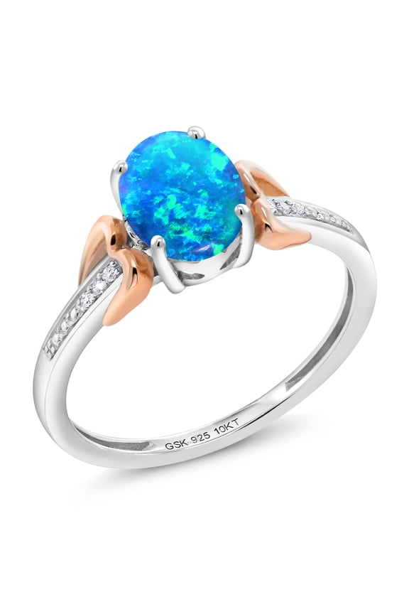 925 Sterling Silver and 10K Rose Gold Blue Simulated Opal and Diamond Women Engagement Ring (1.05 Ct Oval Cabochon Cut, Size 8)