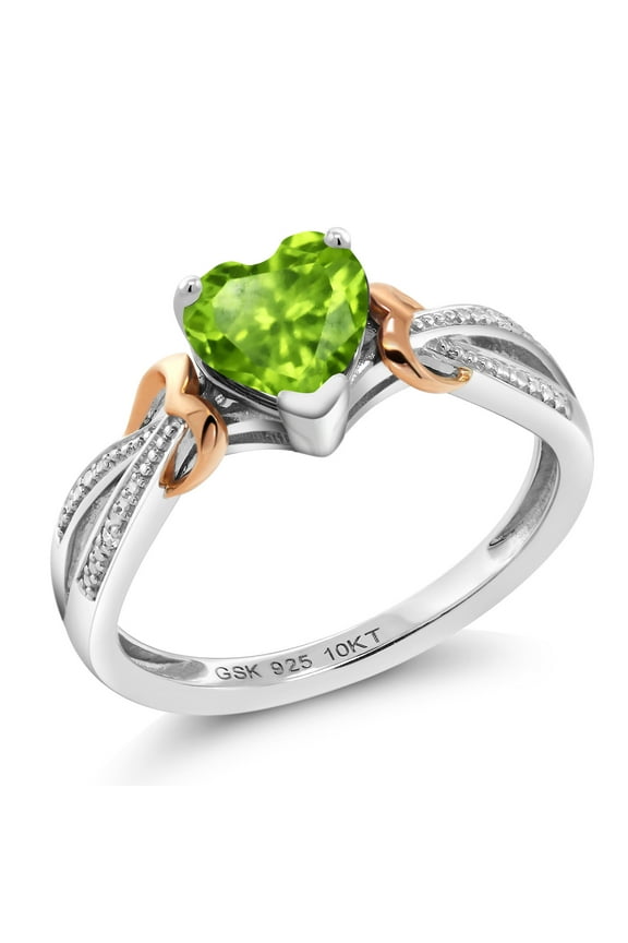 925 Sterling Silver and 10K Rose Gold Green Peridot and Diamond Ring for Women (0.84 Cttw, Heart Shape 6MM, Gemstone Birthstone, Available in Size 5, 6, 7, 8, 9)