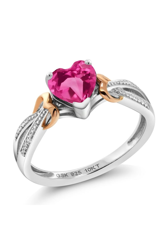 925 Sterling Silver and 10K Rose Gold Pink Created Sapphire and Diamond Ring for Women (0.81 Cttw, Heart Shape 6MM, Available in Size 5, 6, 7, 8, 9)