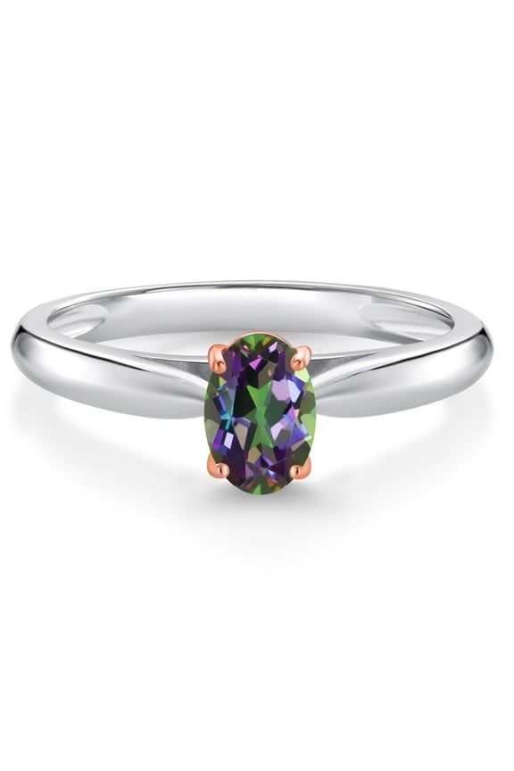 925 Sterling Silver and 10K Rose Gold Prongs Green Mystic Topaz Solitaire Engagement Ring for Women (0.60 Cttw, Oval 6X4MM, Gemstone Birthstone, Available in Size 5, 6, 7, 8, 9)