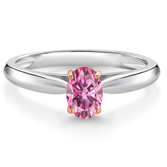 Gem Stone King 925 Sterling Silver and 10K Rose Gold Prongs Pink Moissanite Solitaire Engagement Ring for Women (0.46 Cttw, Oval 6X4MM, Gemstone Birthstone, Available in Size 5, 6, 7, 8, 9)