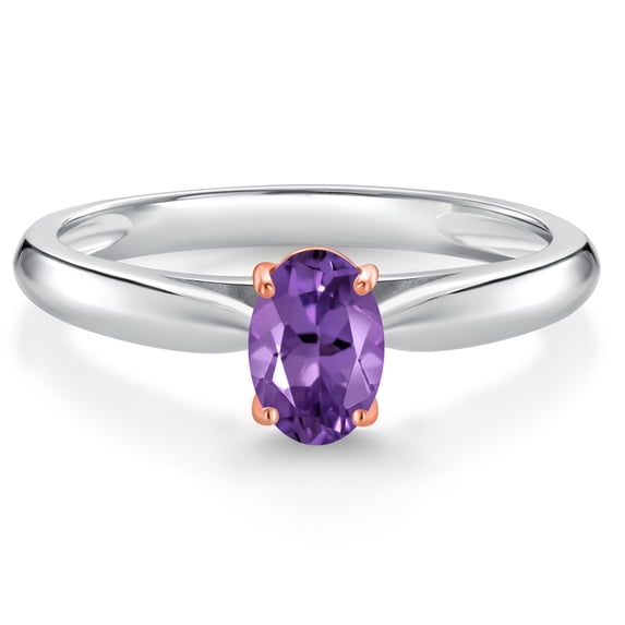 Gem Stone King 925 Sterling Silver and 10K Rose Gold Prongs Purple Amethyst Solitaire Engagement Ring for Women (0.45 Cttw, Oval 6X4MM, Gemstone February Birthstone, Available in Size 5, 6, 7, 8, 9)
