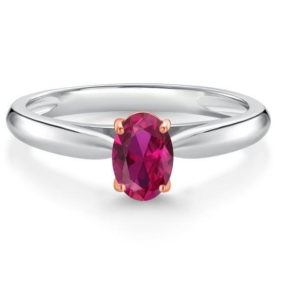 Gem Stone King 925 Sterling Silver and 10K Rose Gold Prongs Red Created Ruby Solitaire Engagement Ring for Women (0.50 Cttw, Oval 6X4MM, Gemstone July Birthstone, Available in Size 5, 6, 7, 8, 9)
