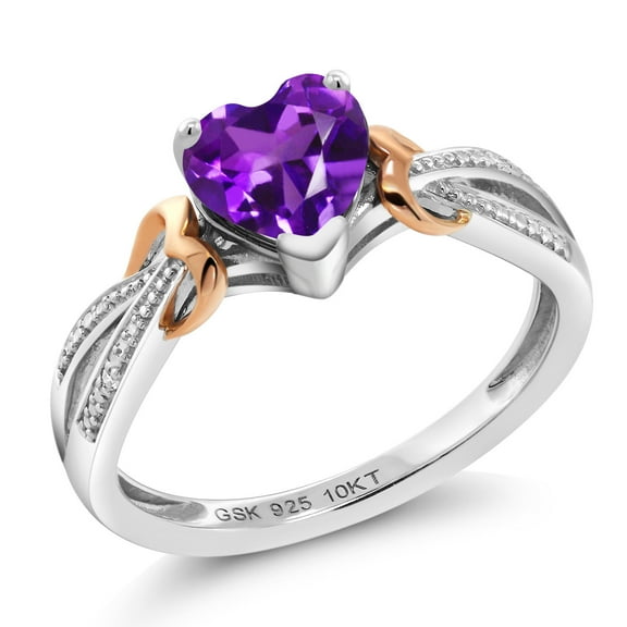 Gem Stone King 925 Sterling Silver and 10K Rose Gold Purple Amethyst and Diamond Heart Shape Ring for Women (0.66 Cttw, Gemstone Birthstone, Available in Size 5, 6, 7, 8, 9)