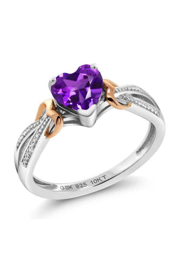 925 Sterling Silver and 10K Rose Gold Purple Amethyst and Diamond Heart Shape Ring for Women (0.66 Cttw, Gemstone Birthstone, Available in Size 5, 6, 7, 8, 9)