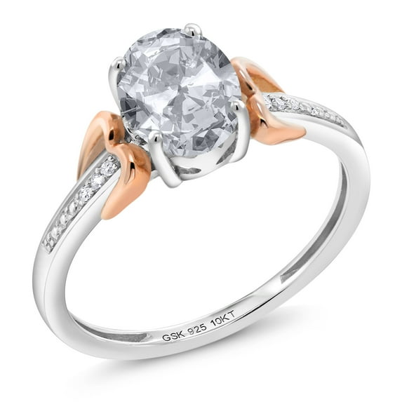 Gem Stone King 925 Sterling Silver and 10K Rose Gold White Topaz and White Diamonds Women Engagement Ring (1.30 Cttw, Oval 8X6MM, Gemstone Birthstone, Size 9)