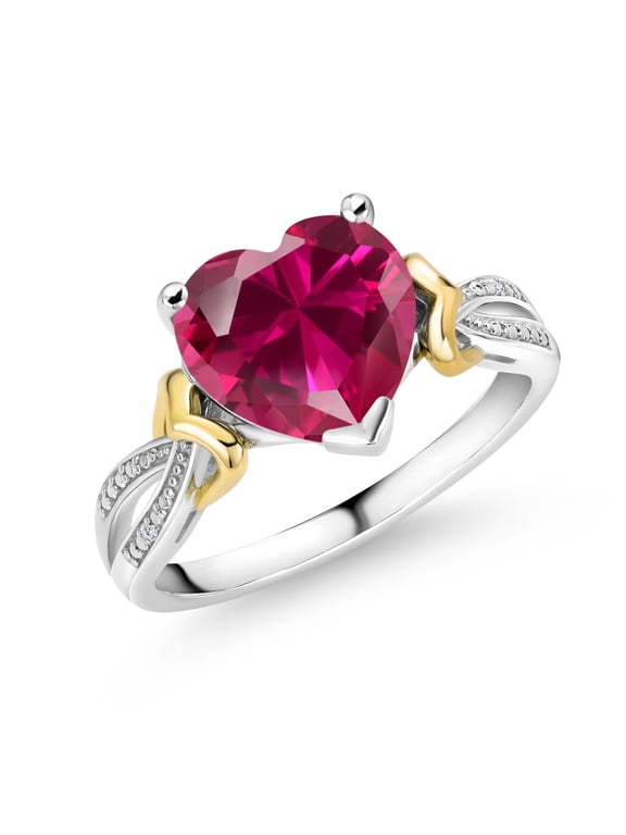 925 Sterling Silver and 10K Yellow Gold 10MM Red Created Ruby and Diamond Women Heart Shape Ring (4.00 Cttw, Available in Size 5, 6, 7, 8, 9)