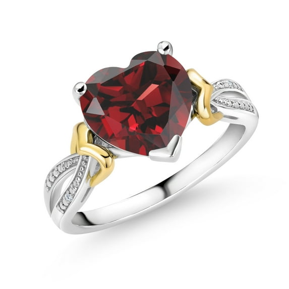 Gem Stone King 925 Sterling Silver and 10K Yellow Gold 10MM Red Garnet and Diamond Heart Shape Ring for Women (4.00 Cttw, Gemstone Birthstone, Available in Size 5, 6, 7, 8, 9)
