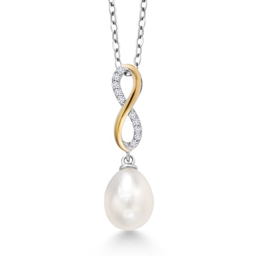 Gem Stone King 925 Sterling Silver and 10K Yellow Gold 10X8MM Cultured Freshwater Pearl and White Lab Grown Diamond Pendant Necklace for Women with 18 inch Chain