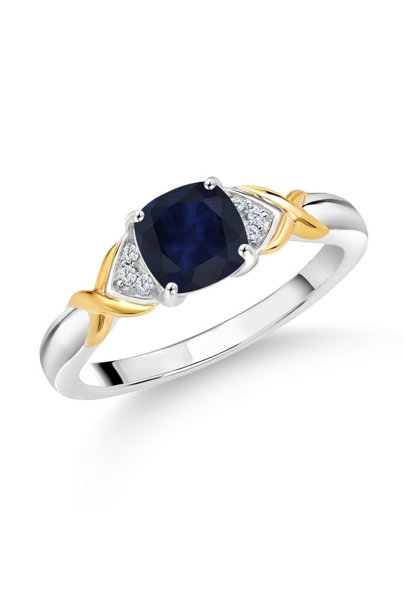 925 Sterling Silver and 10K Yellow Gold 2 Tone Blue Sapphire and White Lab Grown Diamond Engagement Ring for Women (1.33 Cttw, Cushion 6MM, Available in Size 5, 6, 7, 8, 9)