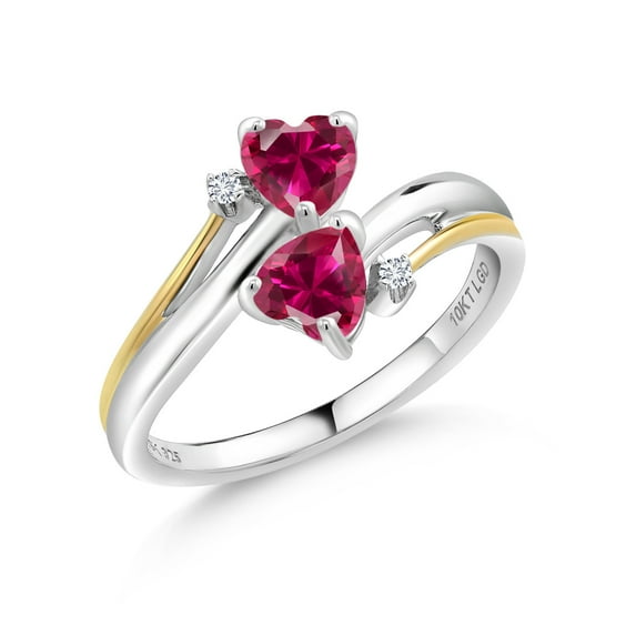 Gem Stone King 925 Sterling Silver and 10K Yellow Gold 2 Tone Red Created Ruby and White Lab Grown Diamond 2 Heart Couple Women Engagement Mother Ring (1.22 Cttw, Available in Size 5, 6, 7, 8, 9)