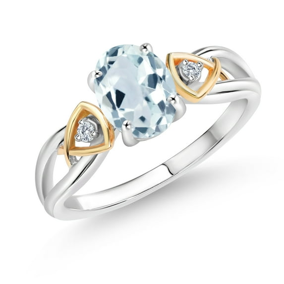 Gem Stone King 925 Sterling Silver and 10K Yellow Gold 2 Tone Sky Blue Aquamarine and White Lab Grown Diamond Women Engagement Ring (1.23 Cttw, Gemstone Birthstone, Available in Size 5, 6, 7, 8, 9)