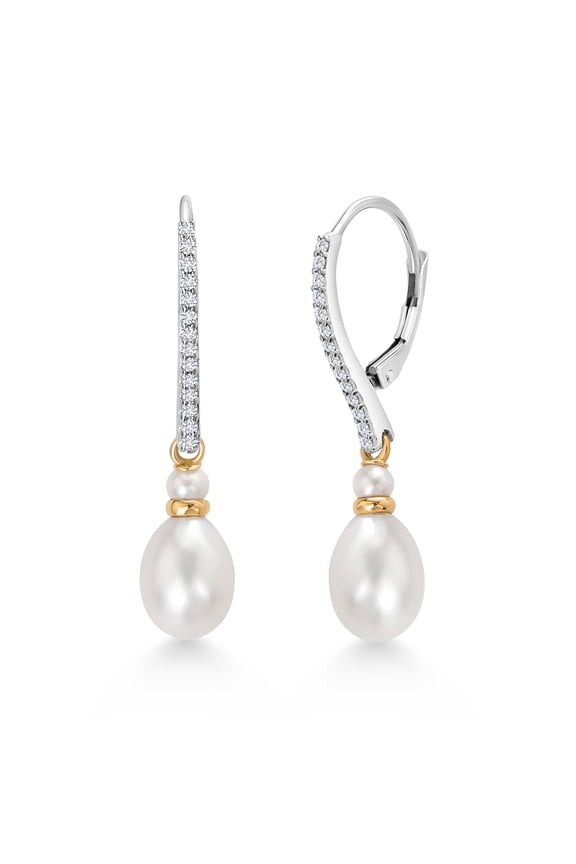 925 Sterling Silver and 10K Yellow Gold 9X7MM Cultured Freshwater Pearl and White Lab Grown Diamond Dangling Earrings with Leverback for Women