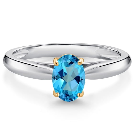 Gem Stone King 925 Sterling Silver and 10K Yellow Gold American Blue Mystic Topaz Solitaire Engagement Ring for Women (1.00 Cttw, Oval 7X5MM, Gemstone Birthstone, Size 7)