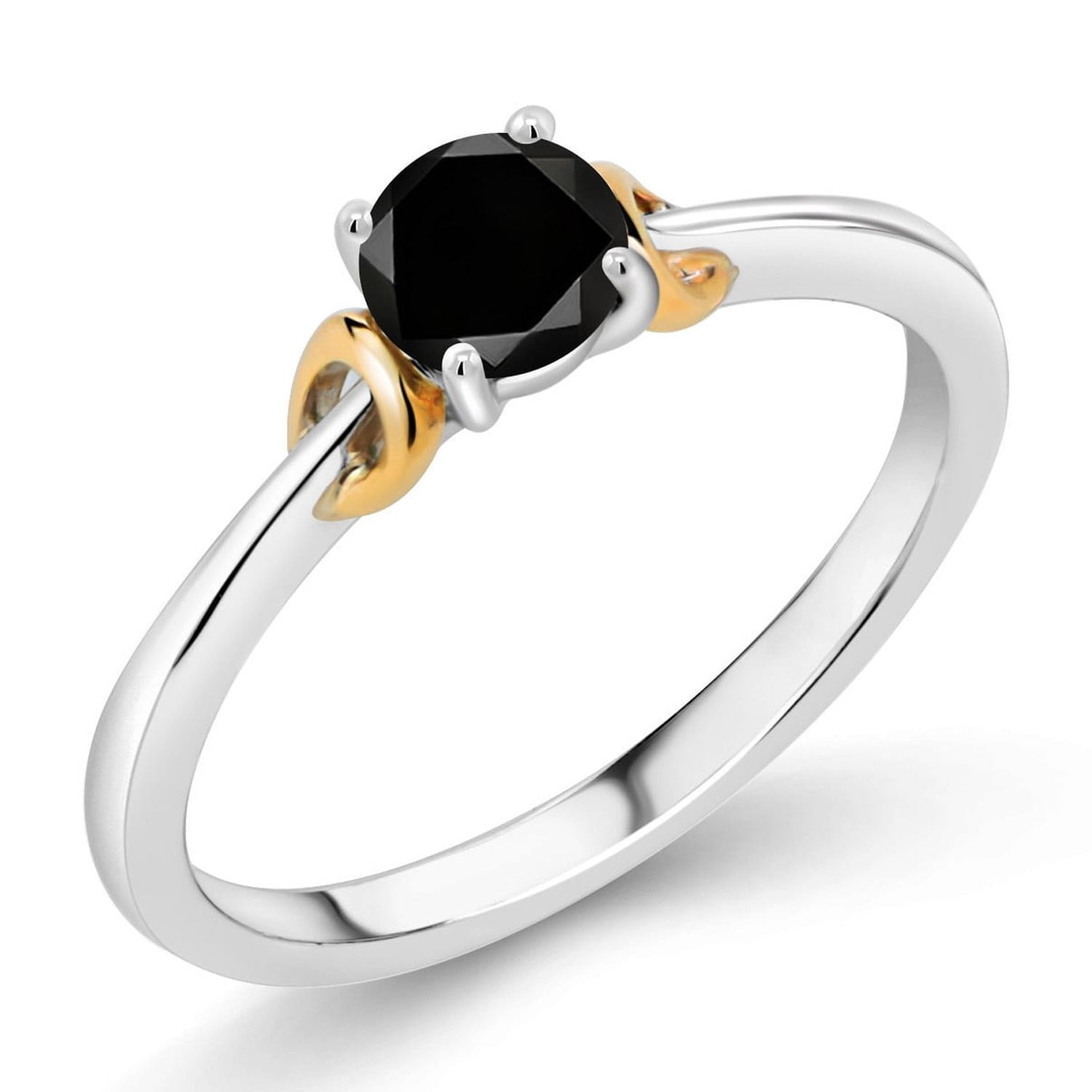 Gem Stone King 925 Sterling Silver and 10K Yellow Gold Black Diamond Solitaire Engagement Ring for Women (0.55 Cttw, Round 5MM, Gemstone April Birthstone, Size 5)