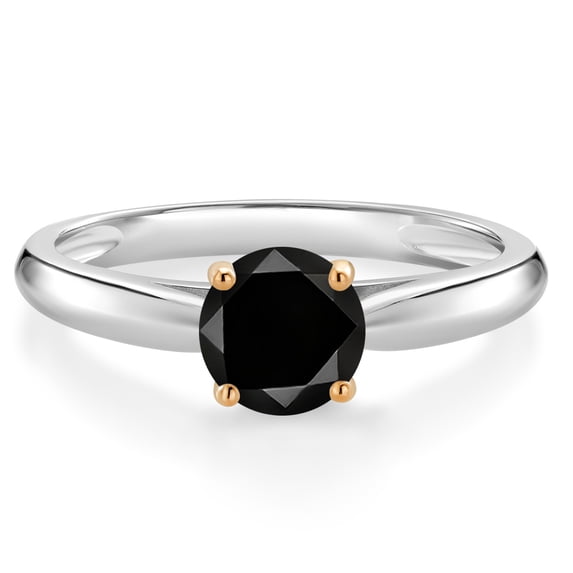 Gem Stone King 925 Sterling Silver with 10K Yellow Gold Black Diamond Solitaire Engagement Ring for Women (1.05 Cttw, Gemstone April Birthstone, Round 6MM, Available in Size 5, 6, 7, 8, 9)