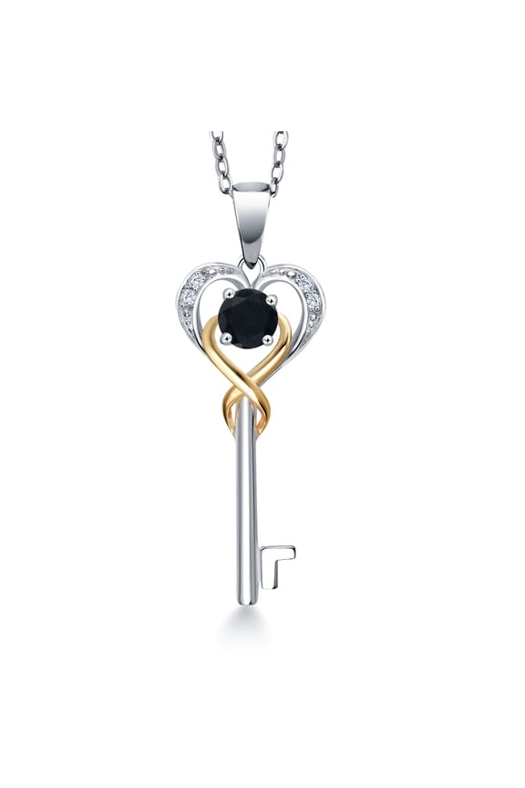 925 Sterling Silver and 10K Yellow Gold Black Onyx and White Lab Grown Diamond Heart and Key Pendant Necklace for Women (0.24 Cttw, Gemstone December Birthstone, with 18 inch Chain)