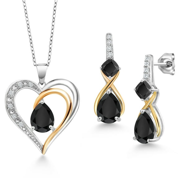 Gem Stone King 925 Sterling Silver and 10K Yellow Gold Black Onyx and White Lab Grown Diamond Pendant Necklace Earrings Set for Women (3.90 Cttw, with 18 inch Chain)