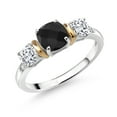 thumbnail image 1 of Gem Stone King 1.58 Cttw Black Onyx White Moissanite and White Diamond 3-Stone Women Ring | 925 Sterling Silver and 10K Yellow Gold | Gemstone Birthstone | Available in Size 5, 6, 7, 8, 9 | Size 5, 1 of 3