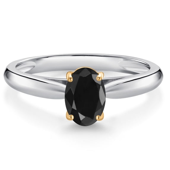 Gem Stone King 925 Sterling Silver and 10K Yellow Gold Black Sapphire Solitaire Engagement Ring for Women (1.10 Cttw, Oval 7X5MM, Gemstone September Birthstone, Available in Size 5, 6, 7, 8, 9)