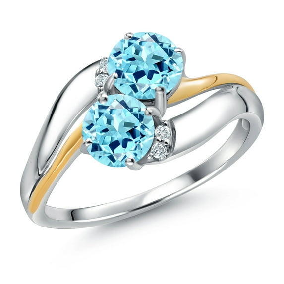 Gem Stone King 925 Sterling Silver and 10K Yellow Gold Blue Apatite 5MM Round 2 Stone and White Lab Grown Diamond Accent Ring for Women (1.02 Cttw, Gemstone Birthstone, Size 8)
