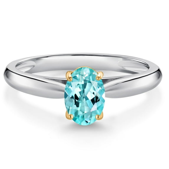 Gem Stone King 925 Sterling Silver and 10K Yellow Gold Blue Apatite Solitaire Engagement Ring for Women (0.82 Cttw, Oval 7X5MM, Gemstone Birthstone, Available in Size 5, 6, 7, 8, 9)